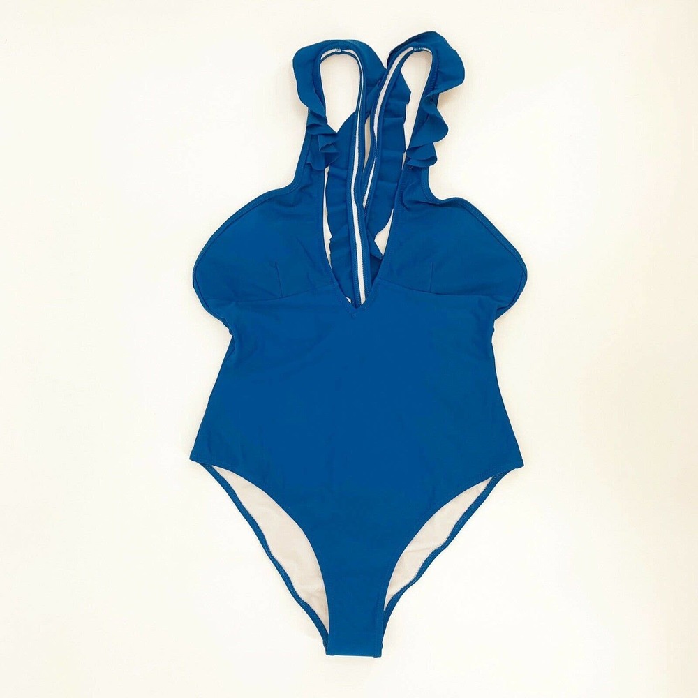 Cupshe One‎ Piece Swimsuit Size M Womens Blue Ruffle V Neck Criss Cross Back